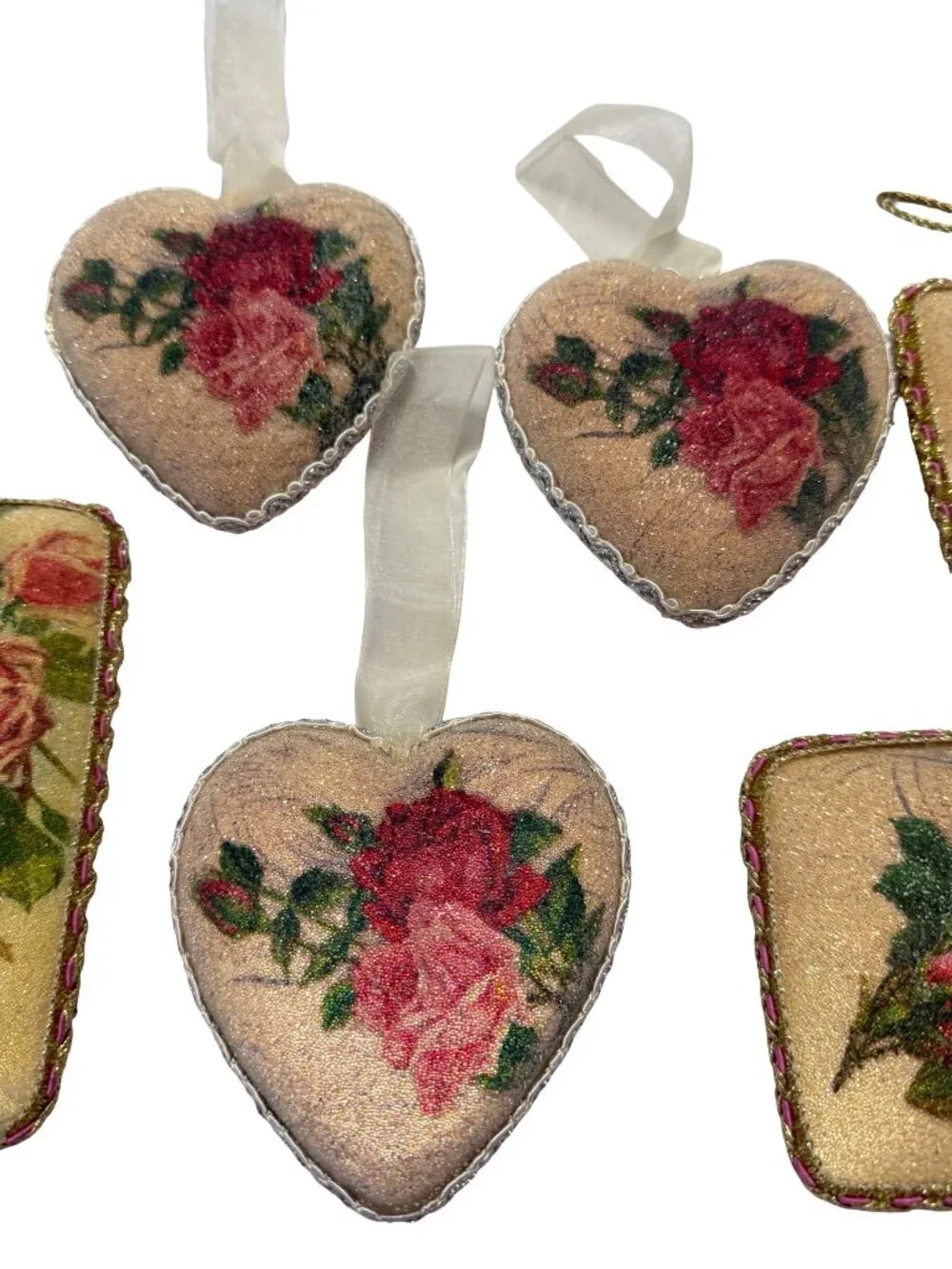 Vintage Papier Mache Rose Christmas Ornaments Set of 6 Victorian Postcard Hearts